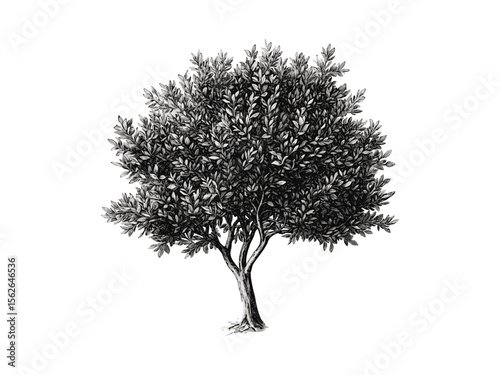 Vintage boxwood tree engraving, hand-drawn botanical illustration, boxwood leaves, garden tree sketch, retro decor, eco-friendly nature print, black line art, old style engraving, floral art