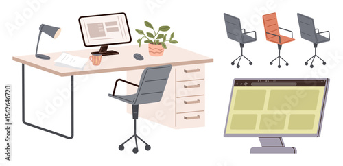 Workspace featuring desk setup with desktop computer, office chair, lamp, coffee cup, plant, and webpage preview. Ideal for productivity, technology, design business office environment creative