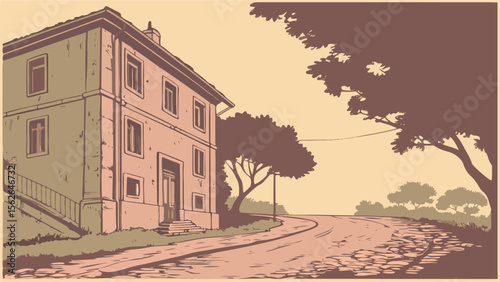 The image shows an illustration of a building with a classical architectural style under a warm-toned sky.

