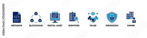 Nft banner web icon vector illustration concept with icon of metadata, blockchain, digital asset, identified, trade, permission and owner
