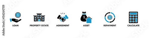Mortgage banner web icon vector illustration concept with icon of loan, property estate, agreement, asset, repayment and calculate