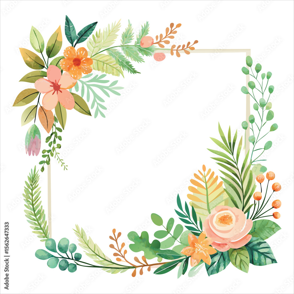 A floral frame with orange and green flowers and leaves isolated on white background in watercolor style A floral frame with orange and green flowers and leaves isolated on white background in watercolor style