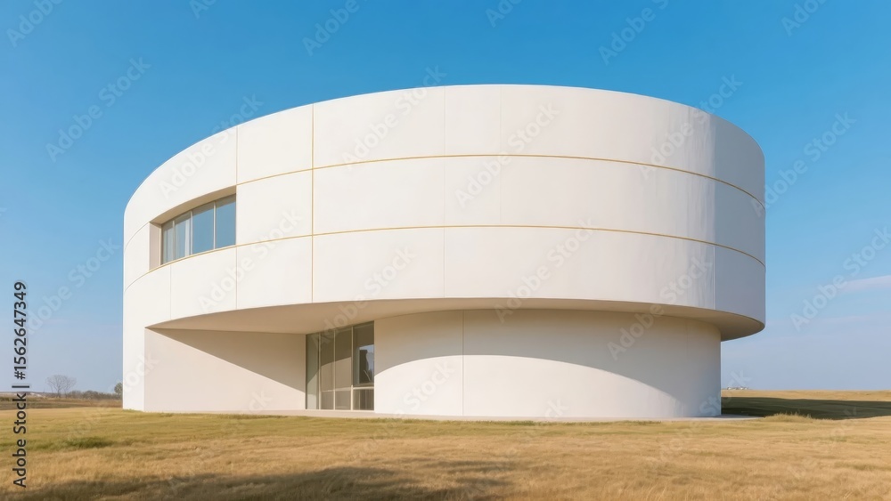 Fototapeta premium Modern Circular Building with White Facade and Large Windows Set Against a Clear Sky