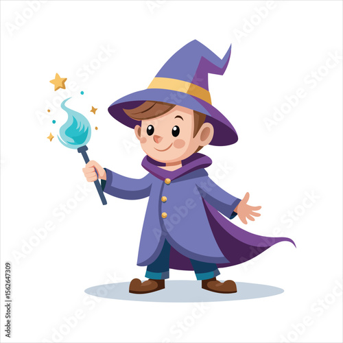 A cartoon wizard boy in a purple hat and cape holds a magic wand isolated on white background