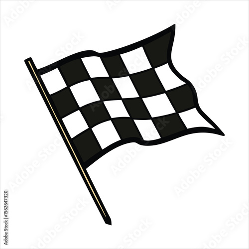 A checkered flag waves as a symbol of racing finish line victory and competition isolated on white background