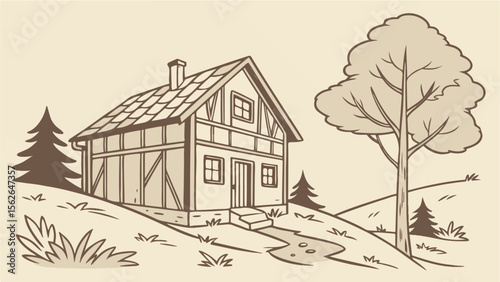 A line drawing depicts a quaint, timber-framed house on a small hill with a tree nearby, likely in a rural setting.

