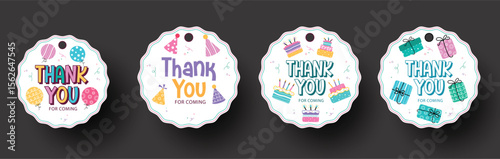 Celebrate your guests with this vibrant set of birthday thank you tags, designed with fun party elements like cakes, gifts, balloons, and sparkles ideal for printable and gift bag décor.