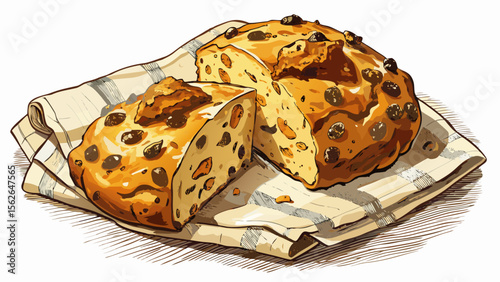 A warm Irish soda bread, rough and rustic with golden crust, is shown in halves, the dense interior speckled with raisins, beautifully lit on a white linen backdrop.