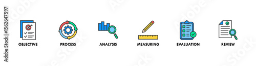 Monitoring banner web icon vector illustration concept with icon of objective, process, analysis, measuring, evaluation and review
