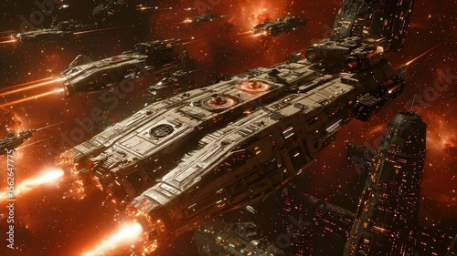 A massive warship leads a fleet through intense space combat, amidst fiery explosions and enemy ships