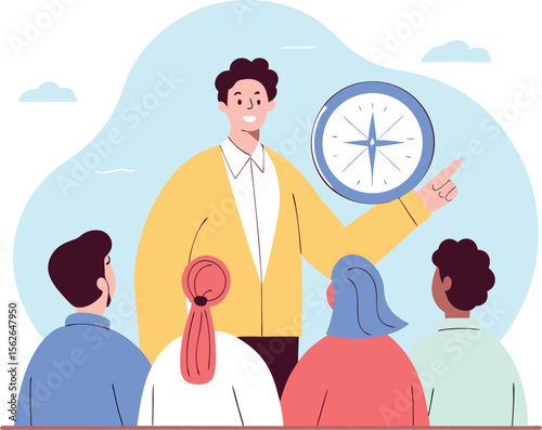 A leader points to a compass guiding a team in a business strategy meeting isolated on a light blue background