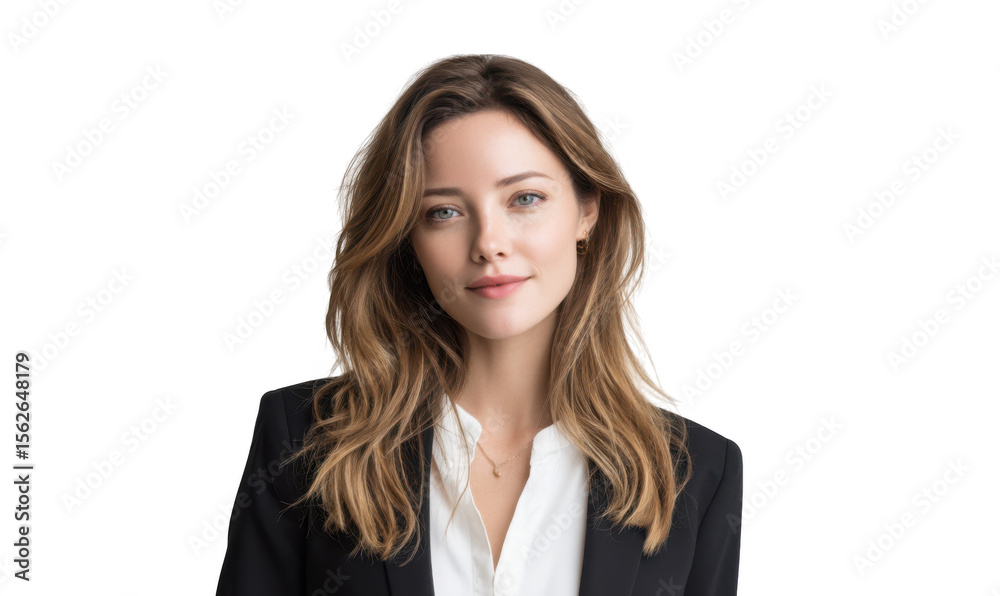 A professional young woman with long brown hair poses confidently in a black blazer against a clean. light background. suggesting a business or corporate environment A professional young woman with long brown hair poses confidently in a black blazer against a clean. light background. suggesting a business or corporate environment