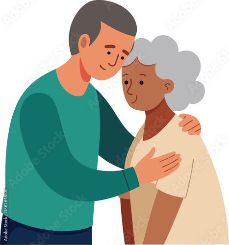 A young man embraces an elderly woman with love and care in a heartwarming illustration isolated on white background