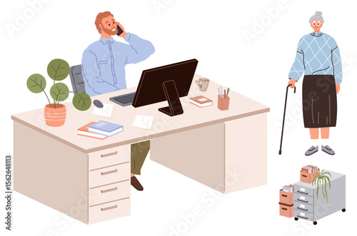 Man seated at office desk talking on phone, assisting elderly woman with cane. Features computer, plants, documents, and storage. Ideal for assistance, customer care, aging workplace