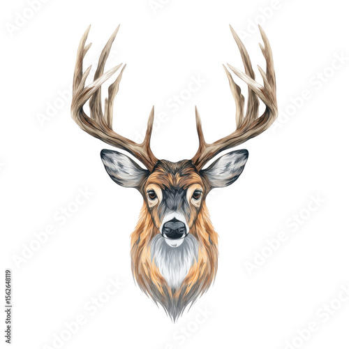 A beautifully illustrated deer head with majestic antlers displayed against a clean white background. ideal for nature-themed decor or wildlife conservation projects