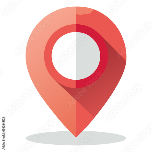 A red location pin icon with a long shadow, commonly used for maps or geographical markers.