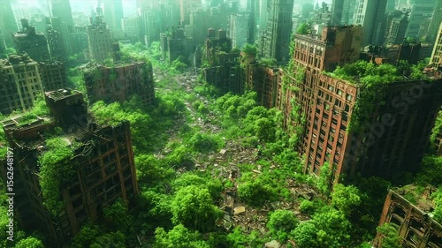 Overgrown cityscape; nature reclaiming ruined buildings