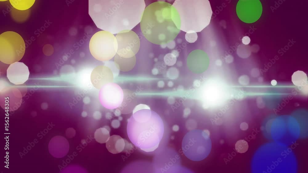 Faceted polygon entering left causing bokeh circles drifting with pulsing shafts and flares looping