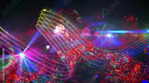 Pink beam flashing, staff undulating, particles streaming and notes appearing for music
