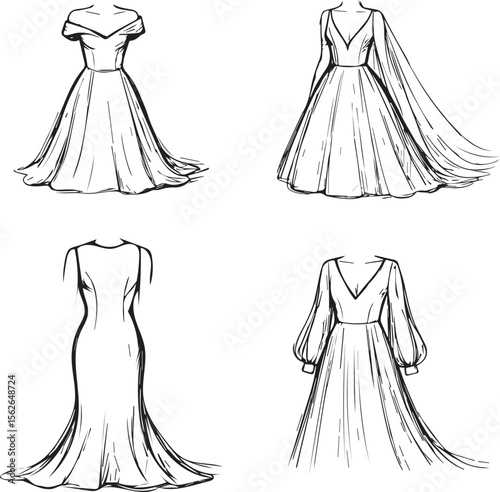 Four black-and-white sketches of elegant dresses.