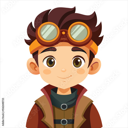 Cartoon boy character wearing steampunk goggles isolated on white background