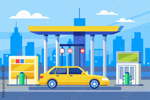 A yellow car being refueled at a modern gas station with city skyline in the background, symbolizing fuel, transportation, energy, and urban infrastructure.