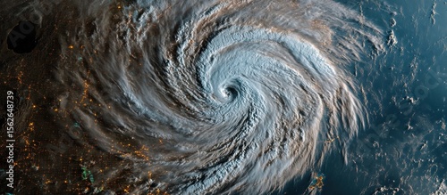 Hurricane swirling over ocean at night, city lights visible. Weather forecast image