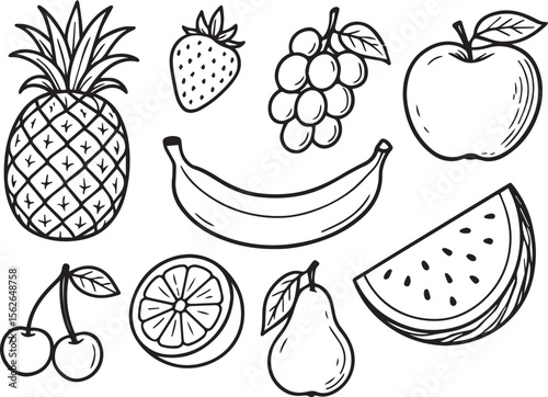 Various fruit illustrations in black and white line art. 