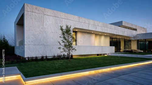 Wallpaper Mural Modern home exterior with concrete walls, illuminated pathway, and manicured lawn at twilight hour Torontodigital.ca