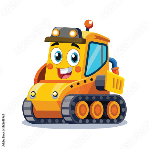 Cartoon bulldozer with a cheerful face isolated on white background