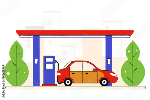 A red and orange car at a gas station, with a fuel pump connected, set against a subtle city background and green trees, representing vehicle fueling.