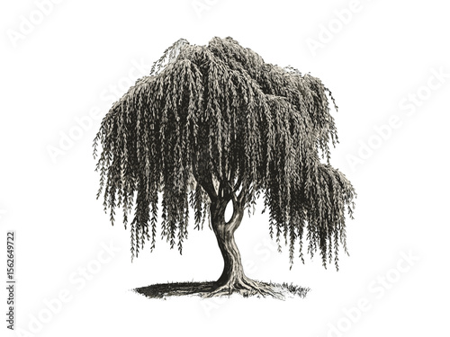 Willow tree botanical sketch, vintage forest art, hand-drawn branches in black, engraving style illustration, eco-friendly tree decor, rustic woodland print, antique plant ink design