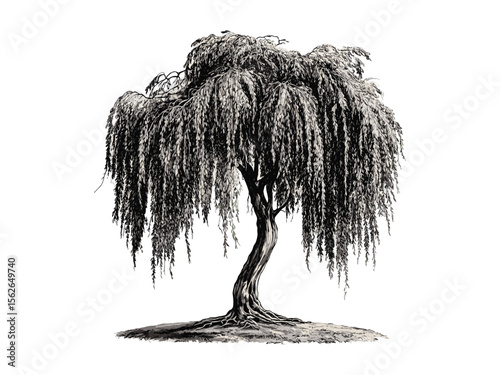 Retro willow tree black sketch, botanical engraving style, hand-drawn tree art, woodland nature vintage print, eco tree illustration, trendy nature decor, antique tree line drawing