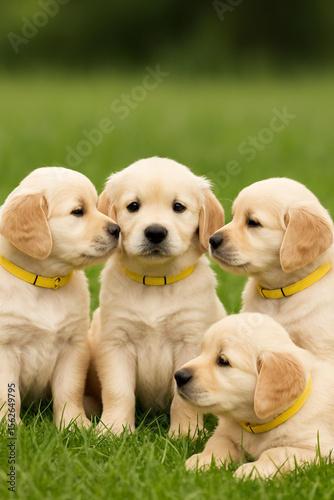 Four Adorable Golden Retriever Puppies Sitting Together on A Green Grassy Field. Each Puppy is Wearing A Bright Yellow Collar, And They are Arranged in A Way That Highlights Their Cuteness And Charm.