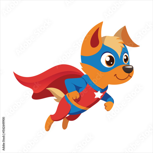 Cartoon dog superhero flying with a cape isolated on white background