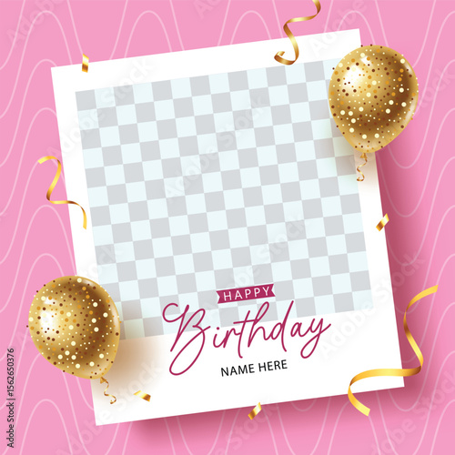 Birthday frame design with shimmering balloons, golden ribbons, and editable name field. Great for party invites, printable, or personalizing your birthday wishes online.