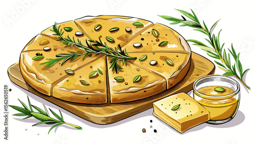 A sliced focaccia, topped with rosemary and sea salt, shows its porous interior and olive oil shimmer, all laid out on a white wooden board for contrast.