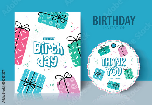 Celebrate in style with this birthday invitation and thank you card combo featuring colorful gift boxes and festive decorations. Ideal for parties, events or greeting design card. 