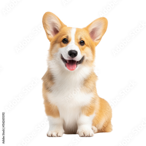 A cheerful corgi sits gracefully against a clean white background. showcasing its fluffy coat and playful demeanor. perfect for pet-related content or advertising