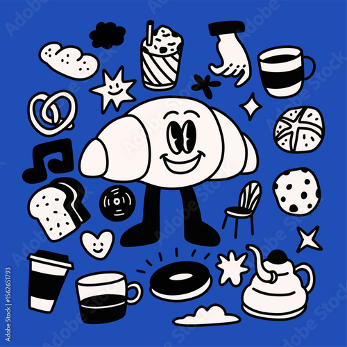 Cute doodle cartoon coffee shop icons. Vector outline hand drawn for coffee and bakery menu