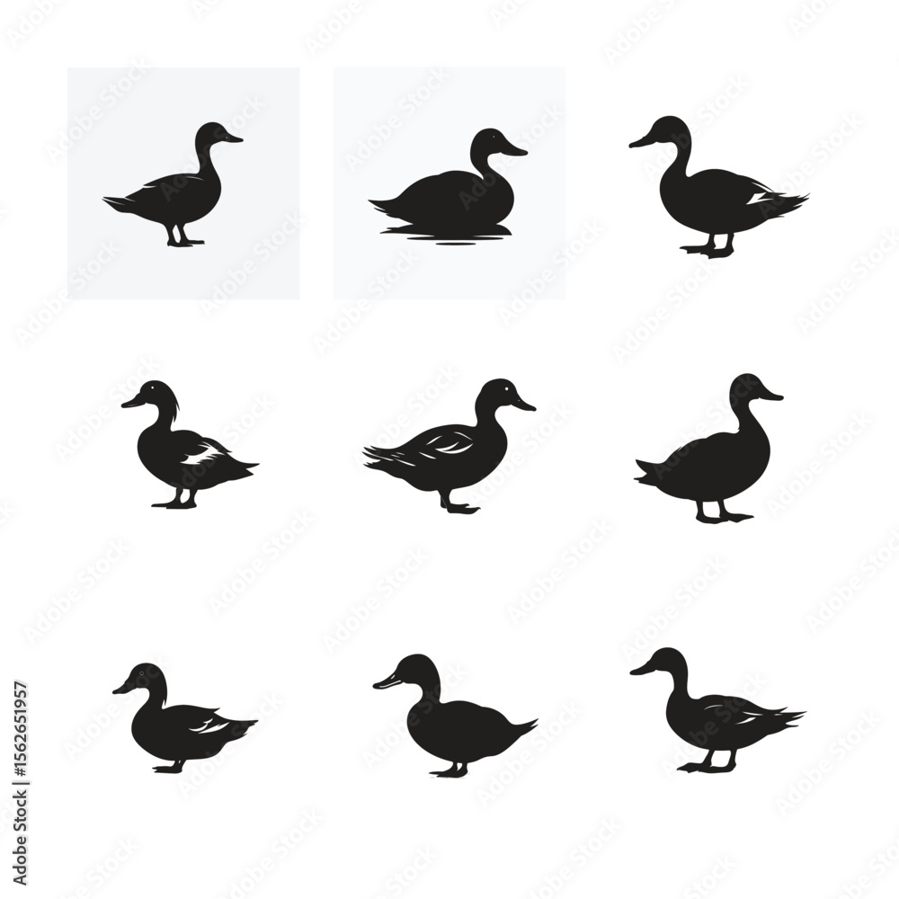 Obraz premium Cartoon Duck silhouettes collection vector illustration set