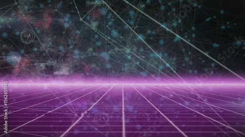 Retro grid opening toward glowing magenta horizon, nodes drifting, HUD rings showing network data