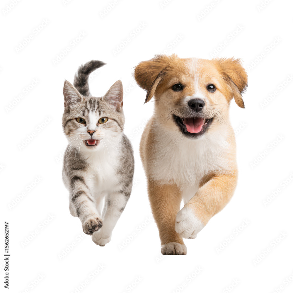 Obraz premium A playful golden retriever puppy and a cheerful tabby cat joyfully running towards the camera. showcasing their friendship in a bright. white studio setting. perfect for pet-related content