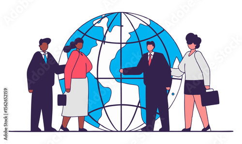 Diverse business professionals interacting in front of a large globe, symbolizing global business, international partnerships, worldwide communication, and diversity.