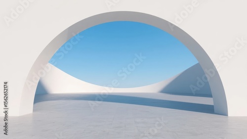 Minimalist Architectural Scene with Arched Opening and Geometric Shapes