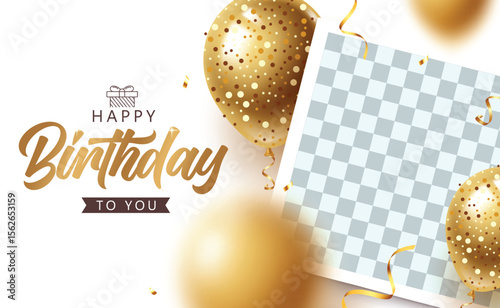 A glamorous birthday greeting template with glittering gold balloons, festive ribbons, and a space to insert your photo. Great for personalizing birthday wishes or birthday greetings.