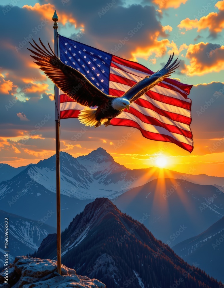 Obraz premium an eagle flying above a waving american flag on a mountaintop at sunrise