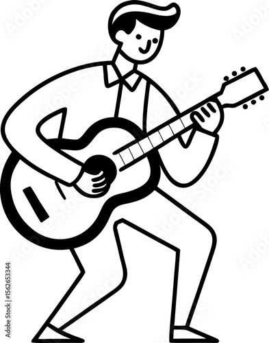 Clean line drawing of a musician playing guitar with white background.