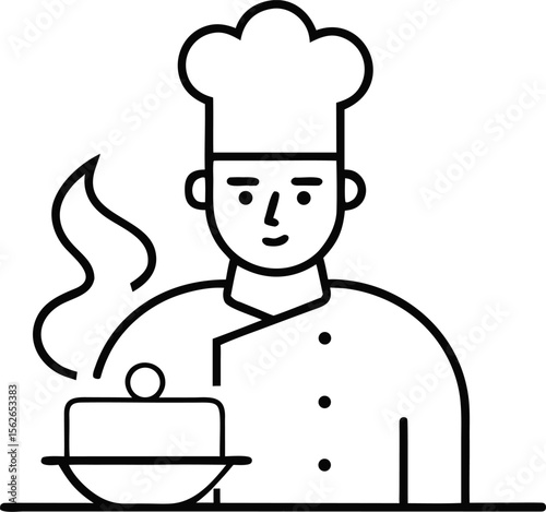 Minimalist line art of a chef cooking at a stove with white background.
