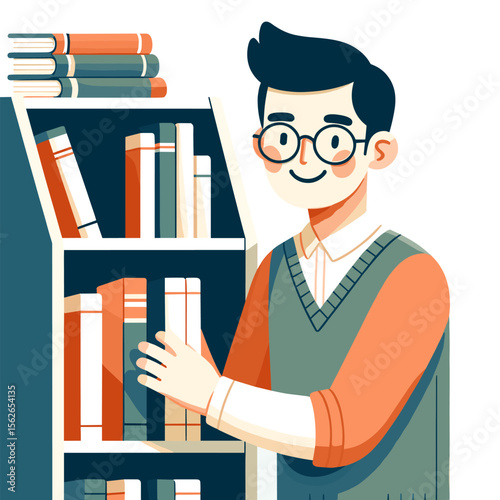 Smiling Man With Glasses Organizing Books On Shelf Illustration